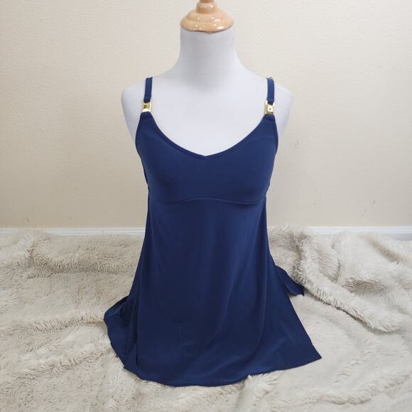 Aqua Green Navy Blue Swim Dress Size Small Side Slit Adjustable Straps Gold - Picture 1 of 9